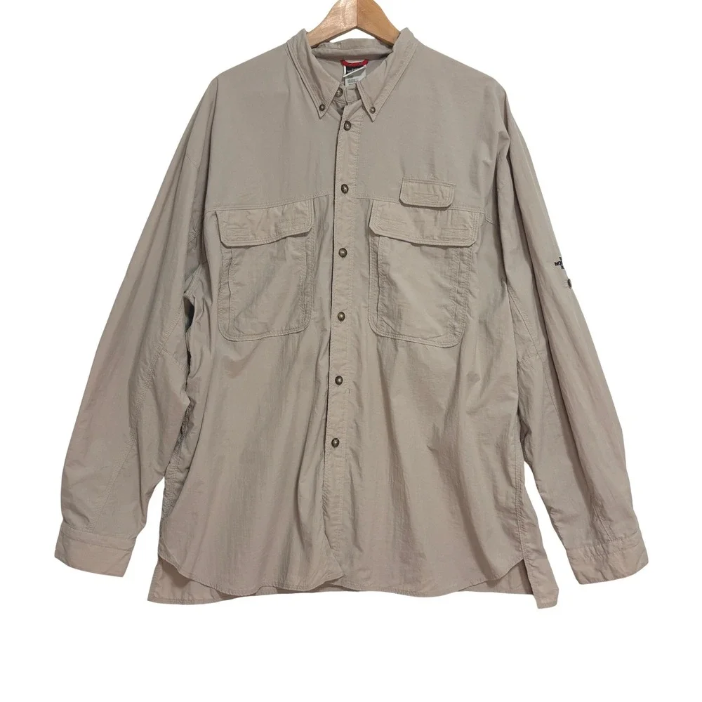 North Face Hiking Shirt Men XL Tan Nylon Roll Tab Utility Gorpcore Fishing